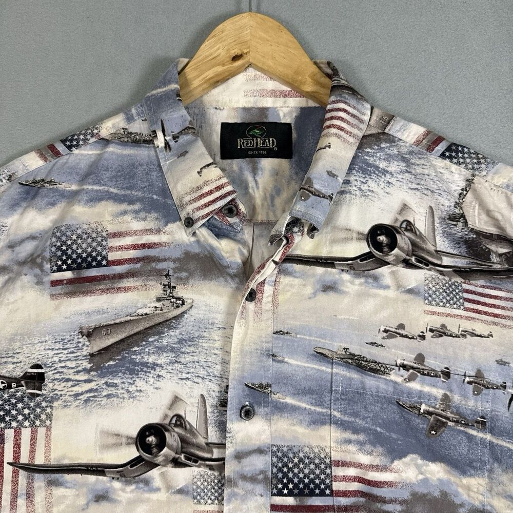 RedHead Mens XL Shirt WWII Fighter Planes Aircraft Carrier US Flag Patriotic